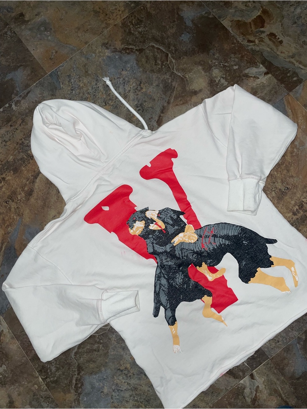 Vlone White Graphic Hoodie with Red and Black Illustration